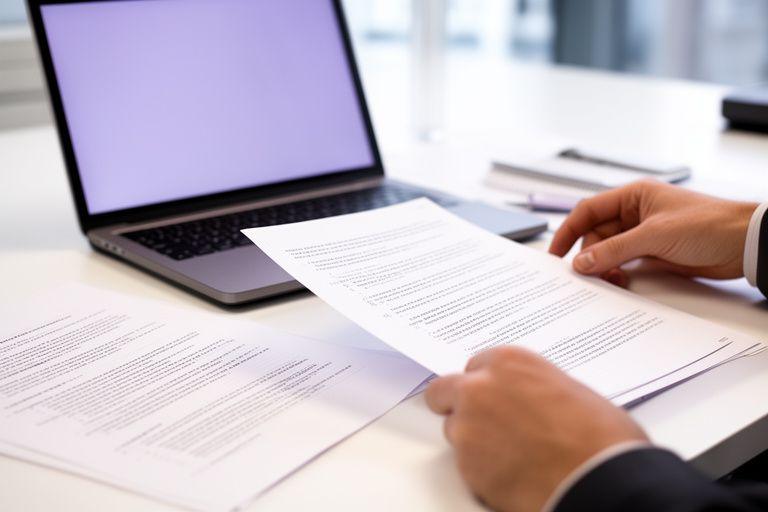 Legal professional reviewing annotated contract pages beside a laptop in a New York office