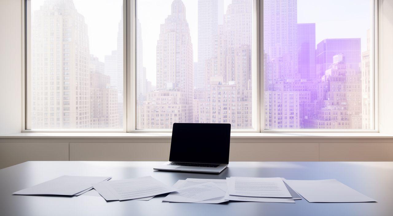 Modern New York apartment and office towers viewed from a bright conference room with contract papers and a laptop on the table