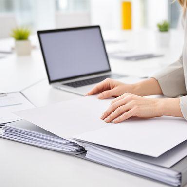 Senior associate organising residential closing folders in a bright meeting room with a laptop open