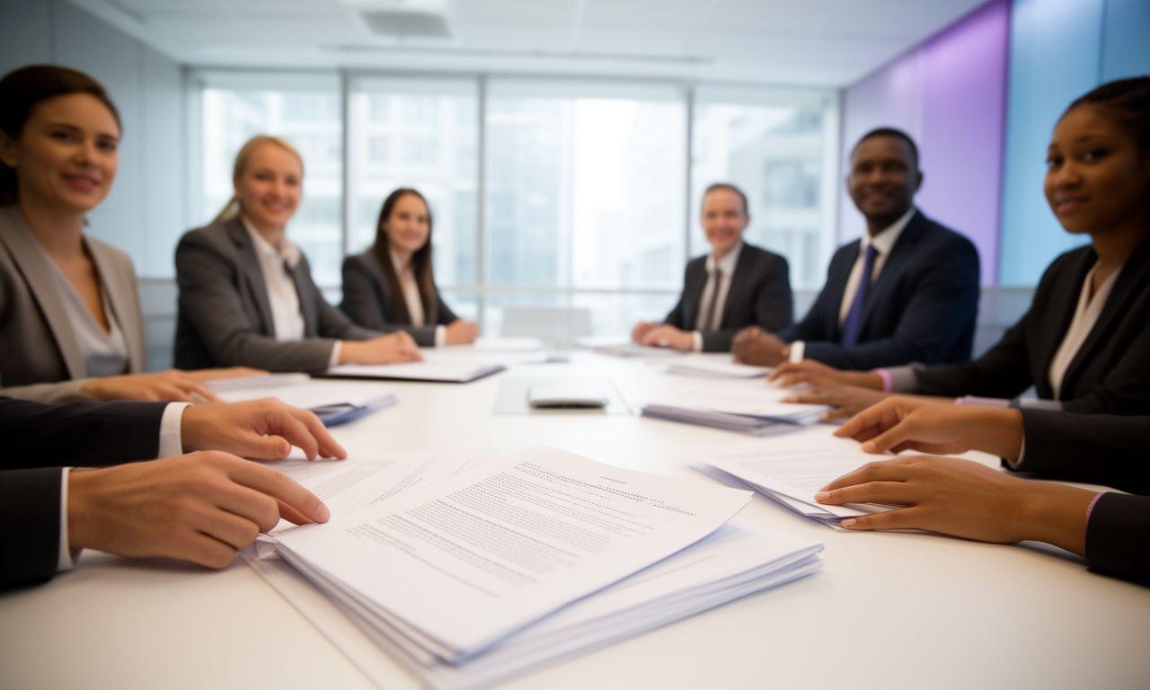 Legal team reviewing real estate contract papers in a bright New York conference room