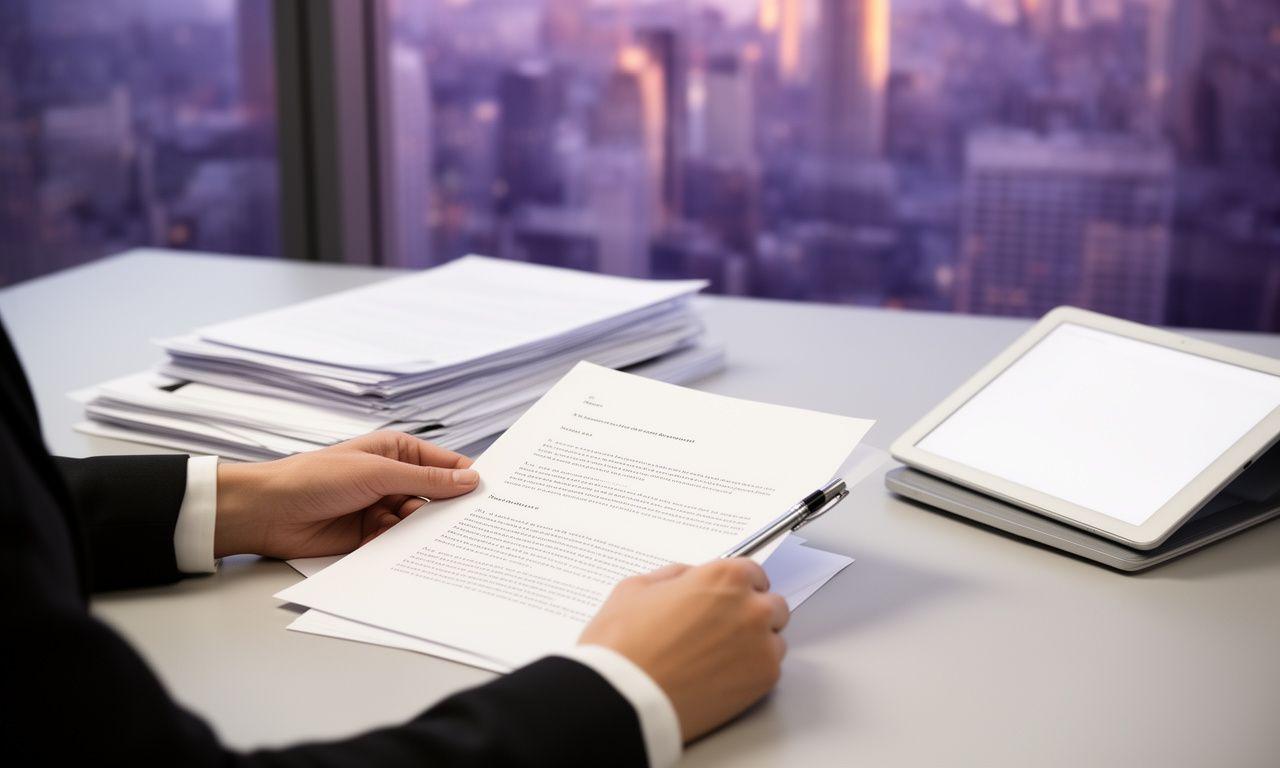 Legal professional reviewing a property contract at a modern desk with city light in the background